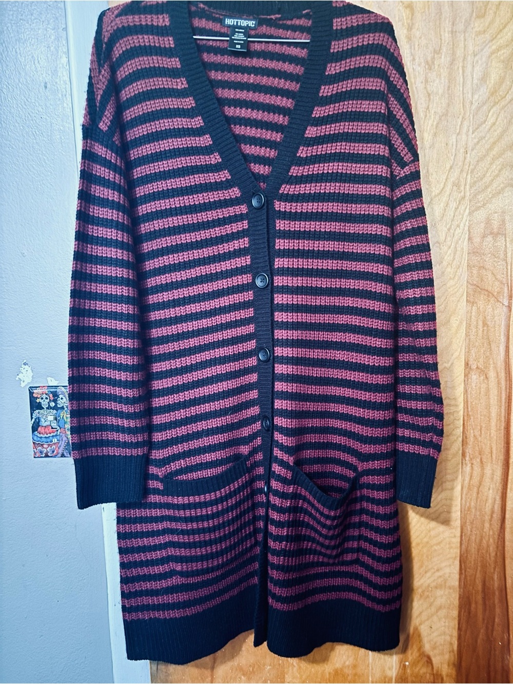 Hot Topic Women's Black and Burgundy Striped Button-Front Cardigan Coatigan
